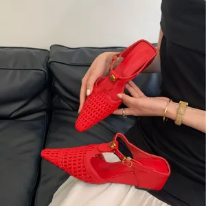 Mules tejidas de punta roma rojas mujer tacones de cuña slingback zapatos elegantes