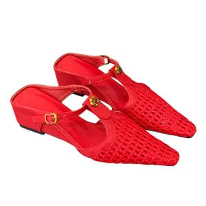 Mules mujer rojas punta trenzada tacón cuña zapatos estilo francés elegantes