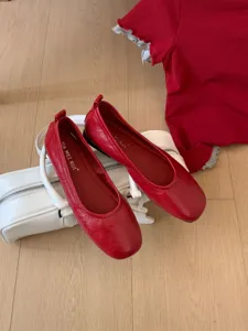 Detailed view of red flat French vintage Mary Jane shoes for women, soft sole casual wear