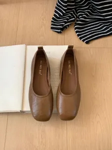 Brown square toe flat ballet shoes, detailed view showcasing soft leather and comfortable sole.