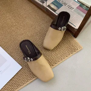 Retro square toe low heel slip on flat shoes for women, stylish chic casual footwear.