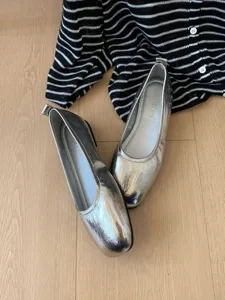 Silver metallic flat shoes for women soft sole casual footwear detailed shot view