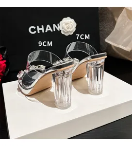 Talons hauts transparents sandales strass plateforme gros talons vue de detail avec hauteurs