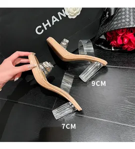 Vue détaillée de sandales transparentes à talons hauts massifs en cristal et brides strassées.