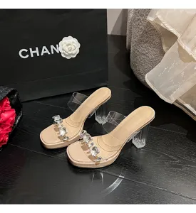 Sandales transparentes talons hauts femme ete plateau cristal talon bloc details.