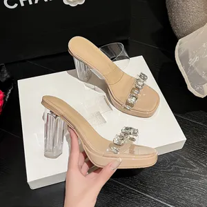 Femmes PVC Clair Talons Hauts Transparent Talon Carré Cristal Sandales Strass Plate-forme Bout Ouvert Chaussures de Fête