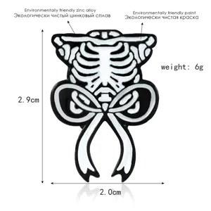 Gotische stijl zwart witte skelet ribbenkast strik emaille speld zinklegering 2.9cm
