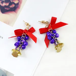 Christmas Bow Purple Bell Long Dangle Earrings Festive Jewelry Gift Accessories for Women