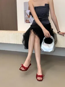 Mujeres elegante lazo lunares cuadrado punta stiletto mules verano sandalias abiertas