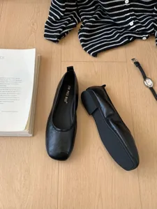 Black flat soft leather shoes for women, vintage square toe design for daily comfort style.