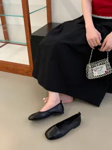 Black French vintage flat shoes detail view, soft sole casual daily women footwear.