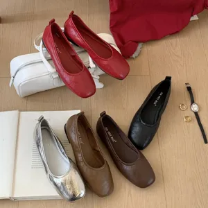 Women Flat Shoes French Vintage PU Leather Casual Shallow Cut Square Toe Mary Jane Footwear Daily Walking