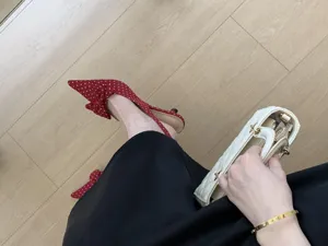 Detail shot of red polka dot slingback kitten heels with elegant bow and pointed toe design.