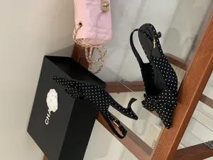 Elegant black white polka dot slingback kitten heels with bow for women chic stylish shoes