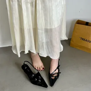 Black patent leather pointed toe slingback kitten heels with multi buckle straps women
