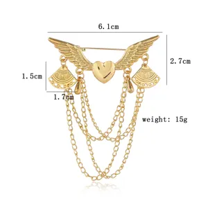 Gold angel wings heart brooch with tassel chains fashion jewelry elegant accessory 6.1cm