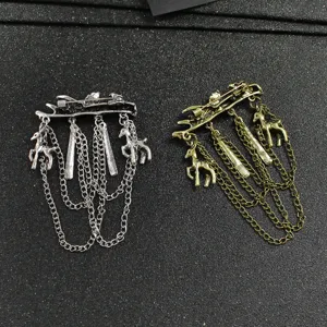 Spilla vintage in lega di cervo e ramo con catene in metallo, gioiello retro per uomini e donne.