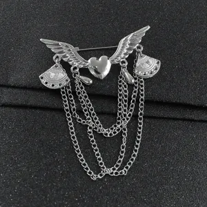 Trendy gothic heart angel wings chain tassel brooch for stylish outfits and accessories.