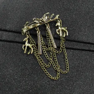 Spilla vintage in lega di bronzo ramo di cervo con catene e ciondoli pendenti per uomo.
