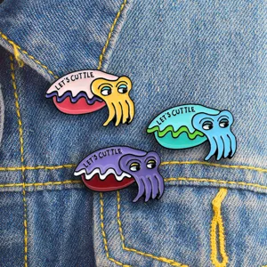 Cute cuttlefish enamel pin set, creative anime ocean animal metal brooch badge for clothes.