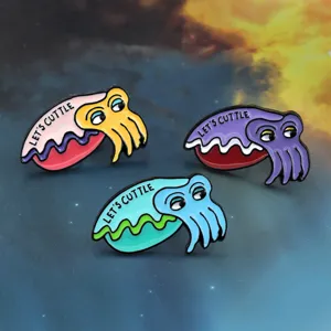 Close-up of cute cartoon cuttlefish enamel brooch pins, detailed metal dripping oil craftsmanship.