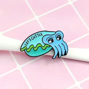 Cute cartoon cuttlefish enamel pin brooch badge with funny text, creative animal lapel jewelry for clothes bags.