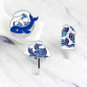 Set spilla smalto onda blu, simpatiche spille metallo balena ombrello e gelato.