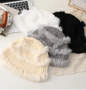 Cappello da pescatore in maglia di pelo di coniglio soffice da donna, cappello invernale.