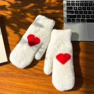 White plush winter mittens with red heart pattern cozy warm fuzzy gloves for women