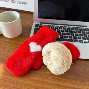 Women winter plush fuzzy mittens red thick warm cute heart gloves cozy cold weather apparel