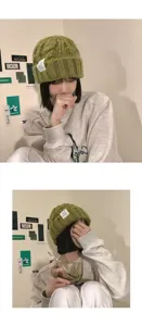 Green cable-knit beanie hat for women autumn winter warm thick soft slouchy stylish cap.
