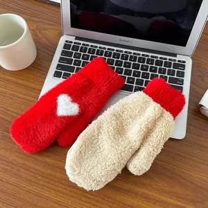 Women plush mittens winter warm thick cute heart design cozy fleece cold weather gloves red