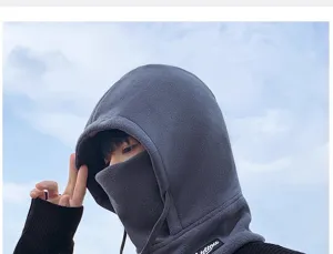 Detail view of the thermal fleece cycling balaclava showing soft lining and windproof hood.
