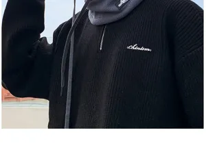 Men's black knitted quarter-zip sweater with fleece neck warmer winter thermal clothing.