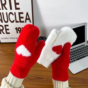 Women plush thick mittens cute heart winter warm cold proof cozy soft fashion red white gloves