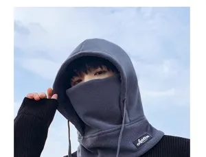 Fleece cycling face mask hood detail view, thick warm windproof winter headwear for men.