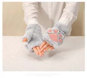 Cute fuzzy cat paw half finger gloves for women, warm plush winter flip top gloves.