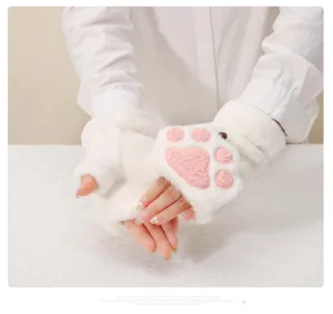 Cute plush cat paw winter gloves for women, warm fleece half finger flip gloves.