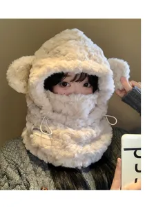 Sciarpa cappuccio peluche orso beige donna inverno caldo spesso antivento cappello