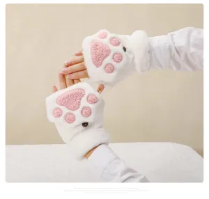 Women's cute cat paw winter half-finger plush flip gloves warm thick soft fleece mitts