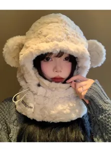 Sciarpa con cappuccio in peluche orso inverno caldo spesso antivento pile berretto donna.