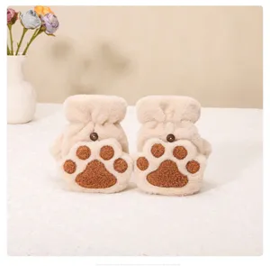 Cute plush cat paw half-finger gloves for women, warm winter convertible flip-top design.