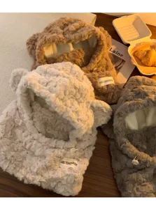 Inverno peluche orso orecchie cappuccio sciarpa calda antivento pelliccia coniglio donna cappello