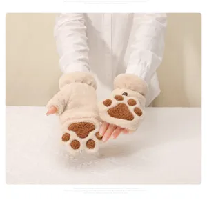 Cute plush cat paw winter gloves for women warm soft half finger flip gloves fleece lined