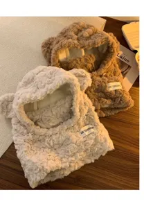 Sciarpa con cappuccio orecchie d'orso morbida calda invernale peluche antivento vista dettagli