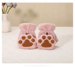 Detailed view of cute plush cat paw winter gloves, warm half finger convertible mittens.