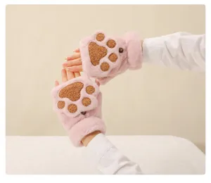Cute pink plush cat paw half-finger glove detail shot showing soft texture and cozy fleece.