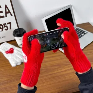 Winter warm red plush gloves for women, thick fuzzy half-finger mittens for cold weather.