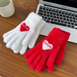 Women Winter Warm Thickened Plush Mittens Cute Heart Pattern Full Finger Gloves Faux Mink Fur Cold Weather Thermal Gloves