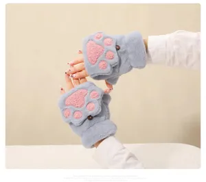 Cute half-finger cat paw plush gloves for women winter warm thick soft convertible grey mitten